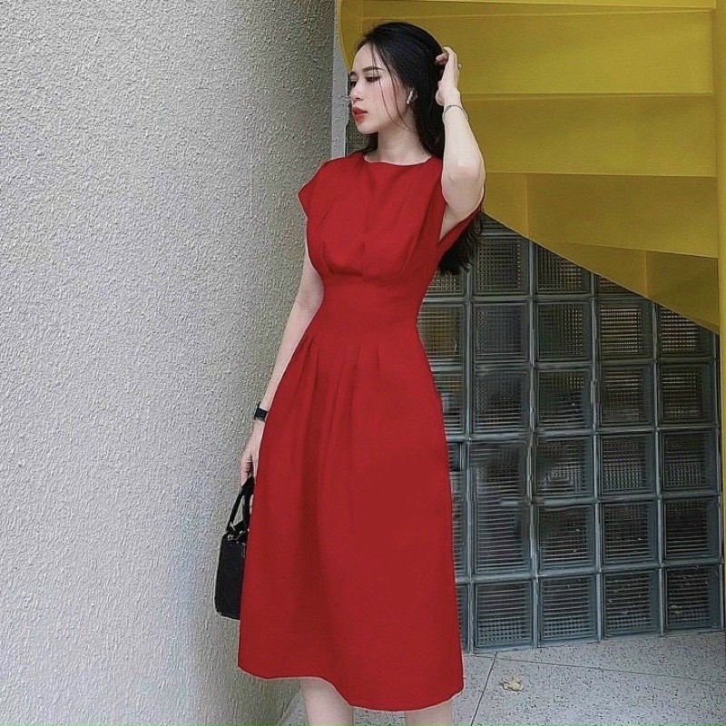 Đầm xếp li eo tay con 2 màu