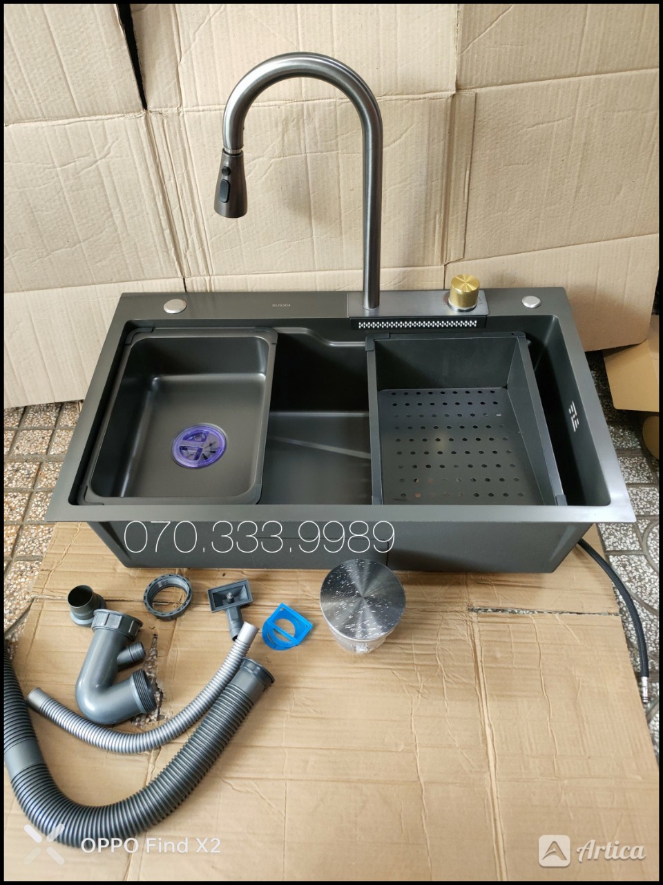 Bồn chậu rửa chén bát 1 ngăn 7546 một hố lớn Inox SUS 304 liền vòi xã thác ngang