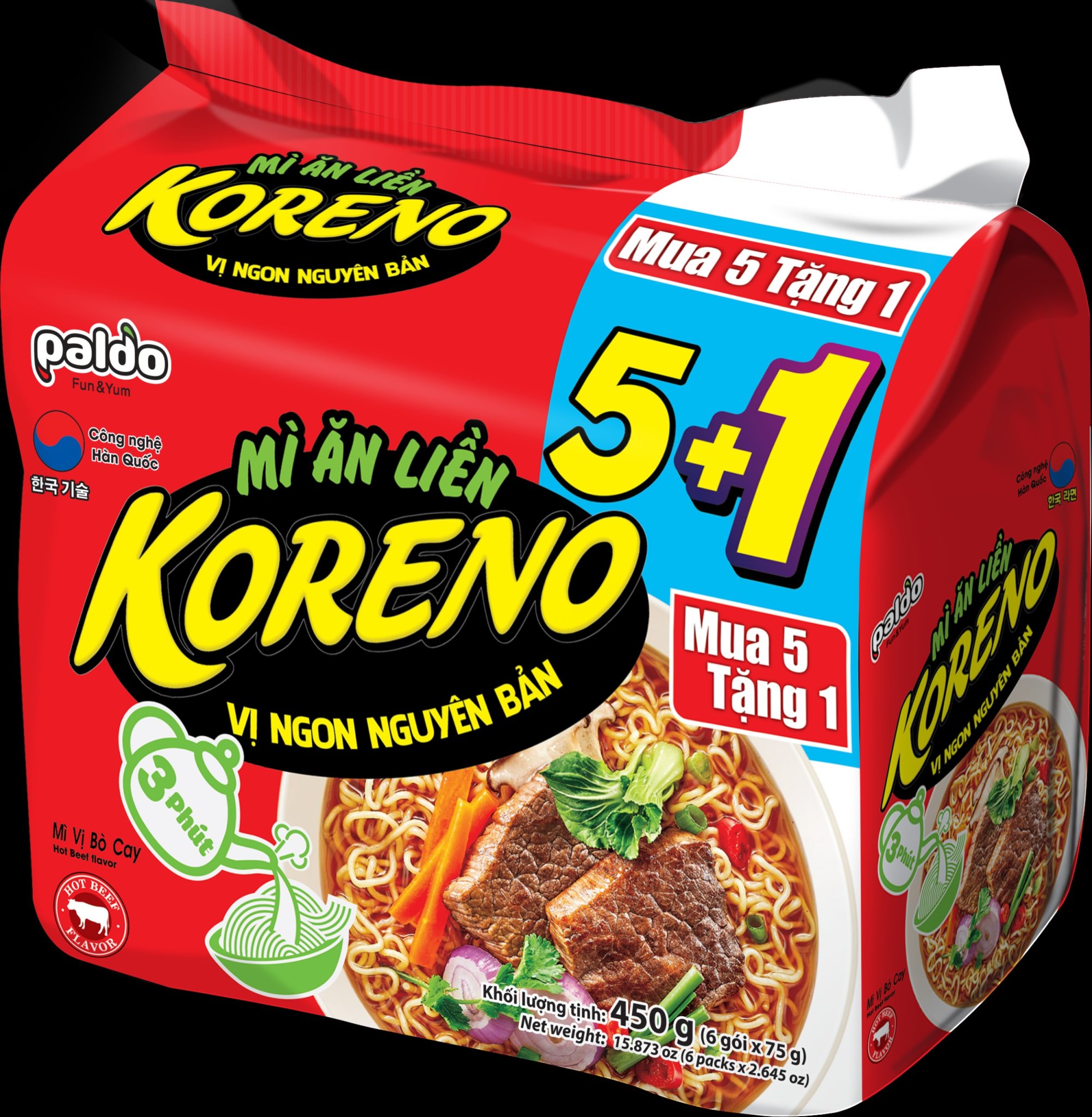 Mì ăn liền Koreno Lốc (Mua 5 tặng 1) 2 vị Bò cay/Kim chi