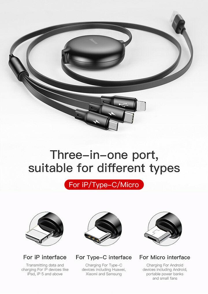 Cáp sạc đa năng siêu bền 3 đầu chuẩn Micro USB, Iphone Ipad, Type C thiết kế dây rút tiện dụng sạc 3 thiết bị một lúc đến từ thương hiệu Baseus