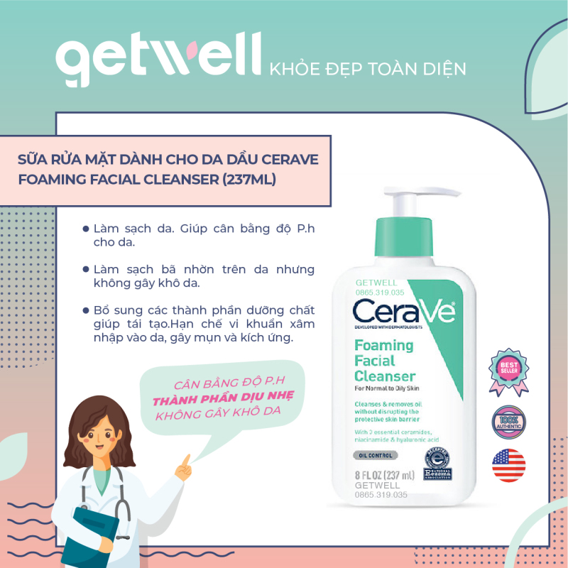 Sữa Rửa Mặt Dành Cho Da Dầu CeraVe Foaming Facial Cleanser (237ml) nhập khẩu