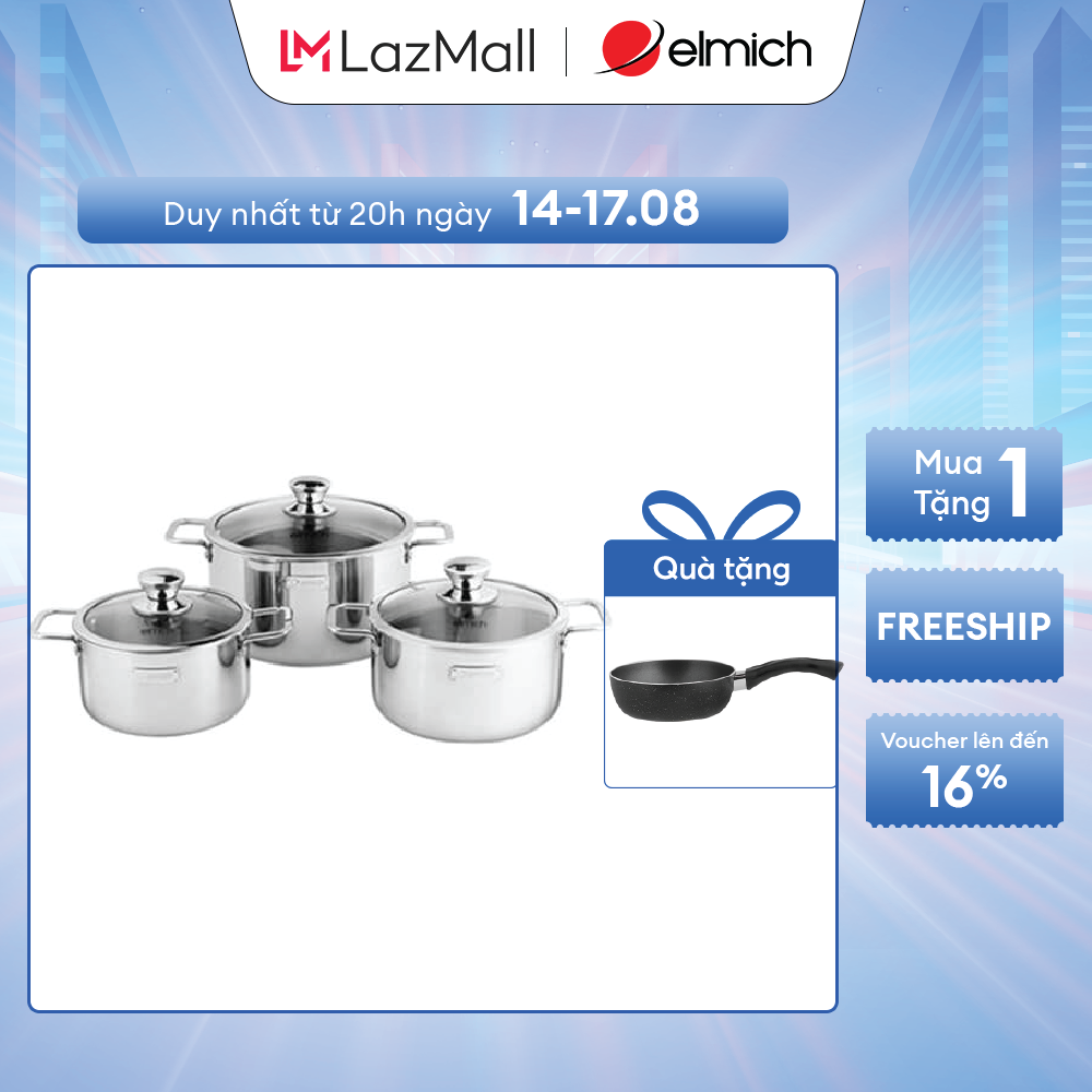 (Duy nhất 20h ngày 24-29.08)Bộ nồi Inox 3 lớp đáy liền Elmich Trimax classic 2105OL size 16,20,24cm