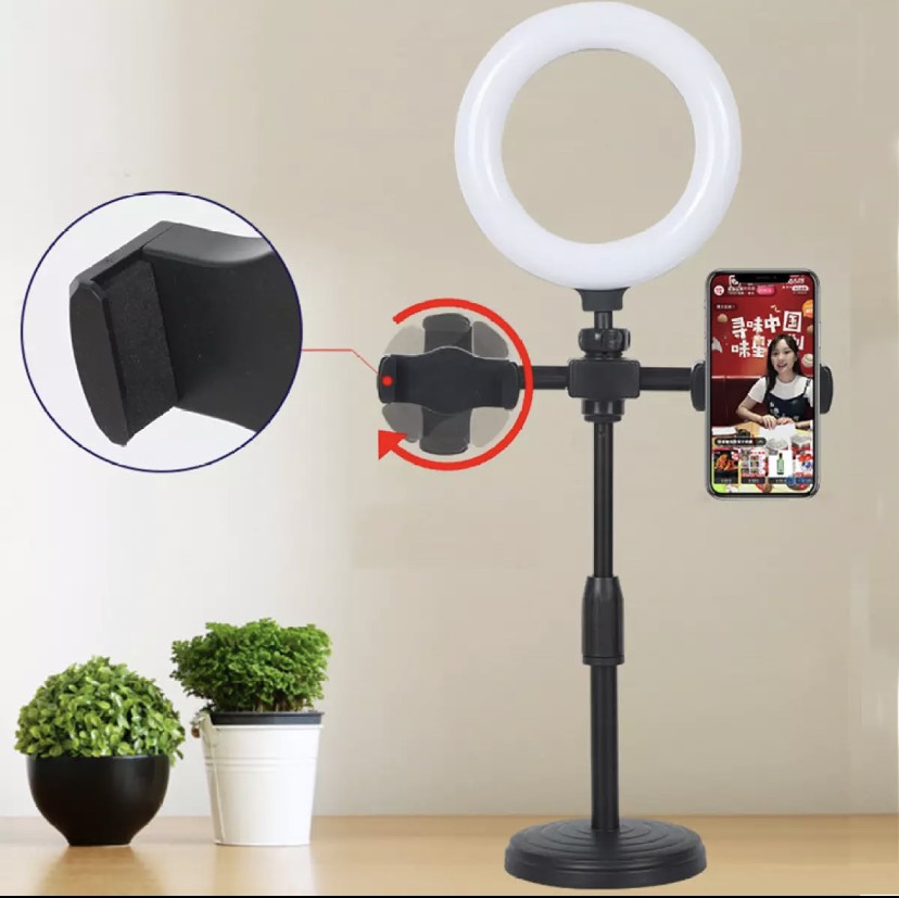 Đèn Livestream để bàn 3 trong 1 gồm 2 kẹp điện thoại và đèn Led trợ sáng, Đèn livestream mini để bàn - Đèn livestream 16cm kẹp 2 điện thoại