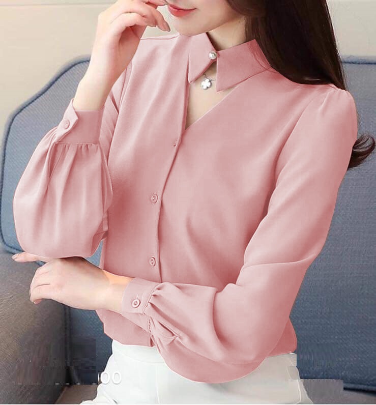 Áo sơ mi nữ công sở kiểu cổ nút ngọc dễ thương