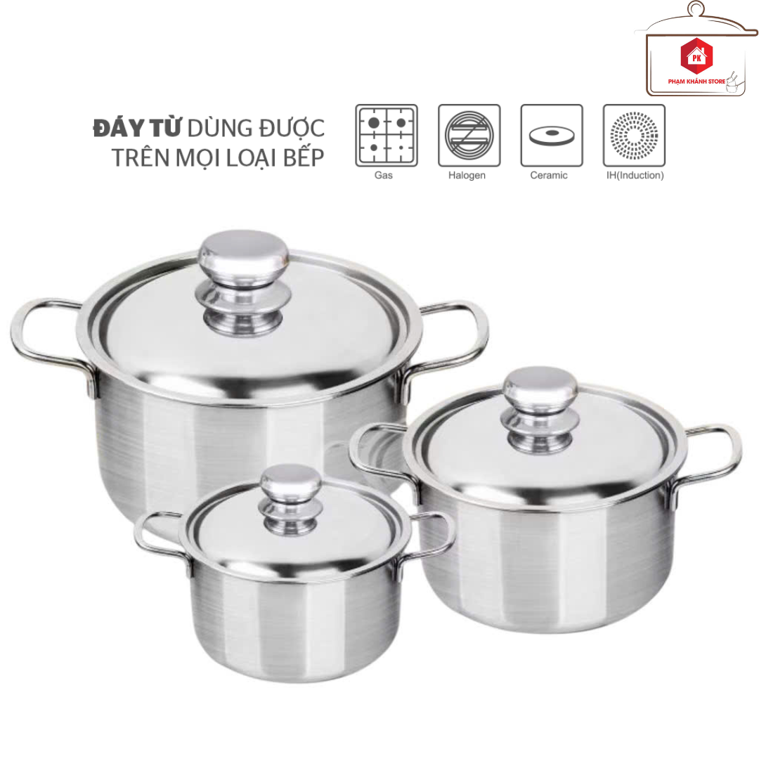 Set of 3 Sharp Stainless Steel Pots with 1 Bottom for Use with Induction Cookers