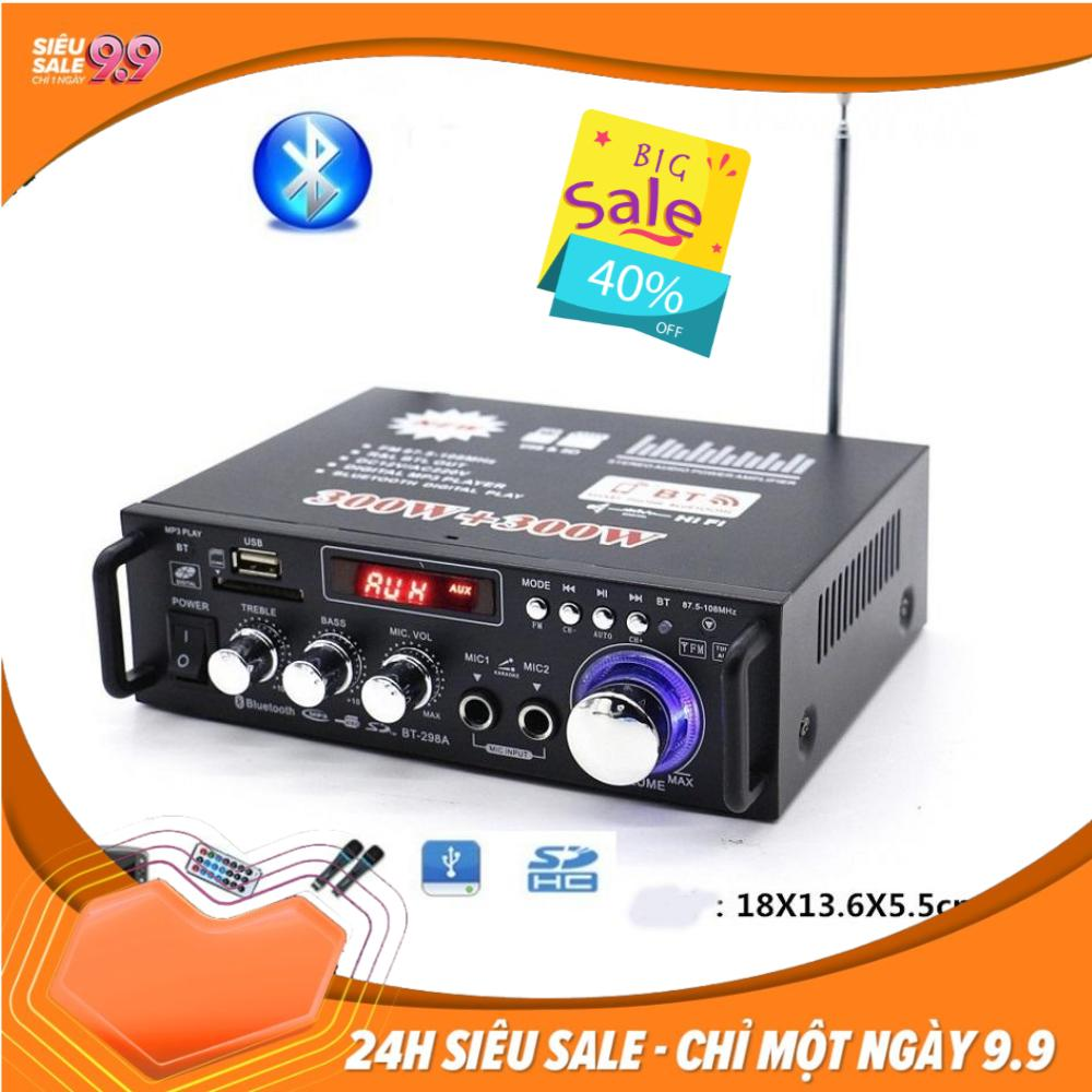 Bộ Ampli mini xe ô tô Karaoke gia đình sử dụng nguồn AC 220v hoặc DC 12V tích hợp 2 cổng MIC Amply karaoke bluetooth - Âm ly mini giá rẻ - Tích hợp chạy thẻ nhớ USB điều khiển từ xa thu sóng FM radio Micro-