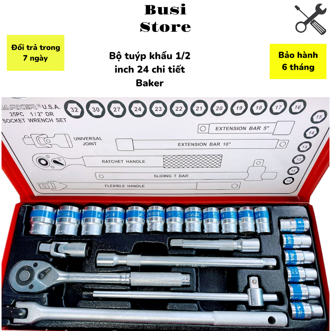 Bộ khẩu tuýp 1/2 inch 24 chi tiết Baker chính hãng , cao cấp - Bảo hành 6 tháng