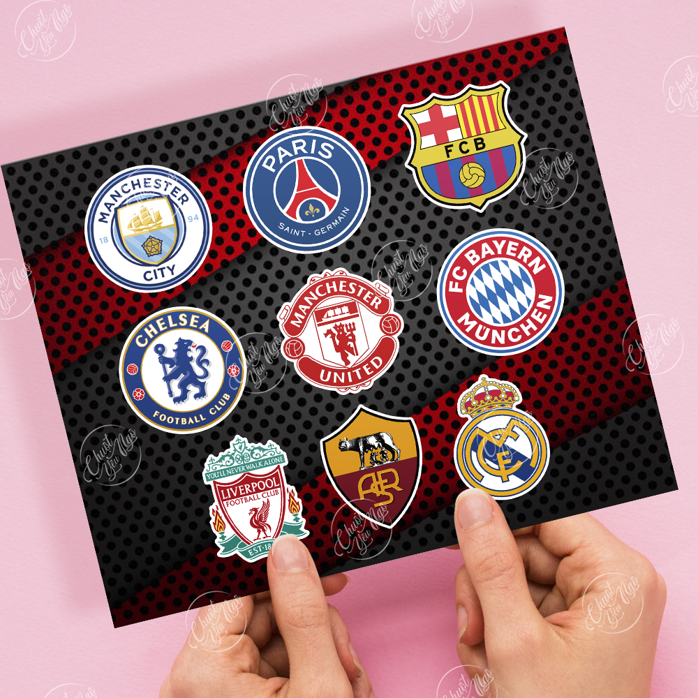 Combo 9 sticker logo CLB BÓNG ĐÁ nổi tiếng Manchester United Real Madrid Barcelona Chelsea Arsenal Liverpool FC