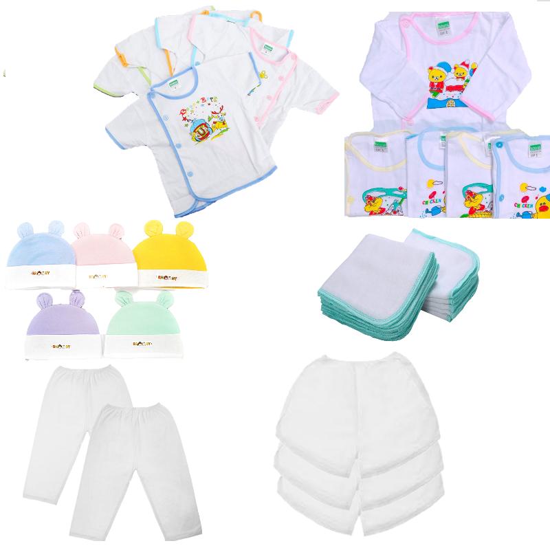 Quần áo cho bé sơ sinh - 30 món gồm 5 áo ngắn 5 áo dài 5 quần 10 khăn sữa và 5 nón