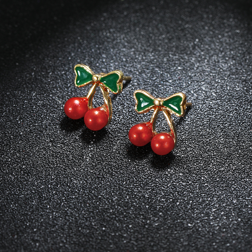 Khuyên tai bông tai nụ sát tai hình quả cherry mini gắn nơ xinh xắn dễ thương màu đỏ nổi bật dễ sử dụng tiện lợi cho nữ phong cách Hàn Quốc KT-35