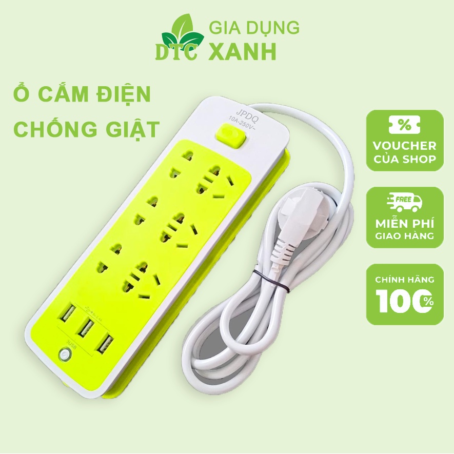 Ổ cắm điện xanh chống giật đa năng tích hợp 3 cổng usb tiện ích, ổ điện đa năng 9 cổng đa dạng tiện lợi