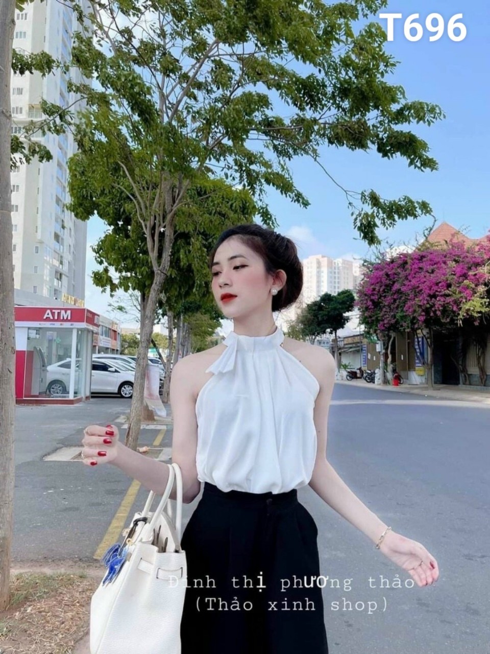 Set áo cổ yếm vải kate quần lụa cao cấp T696