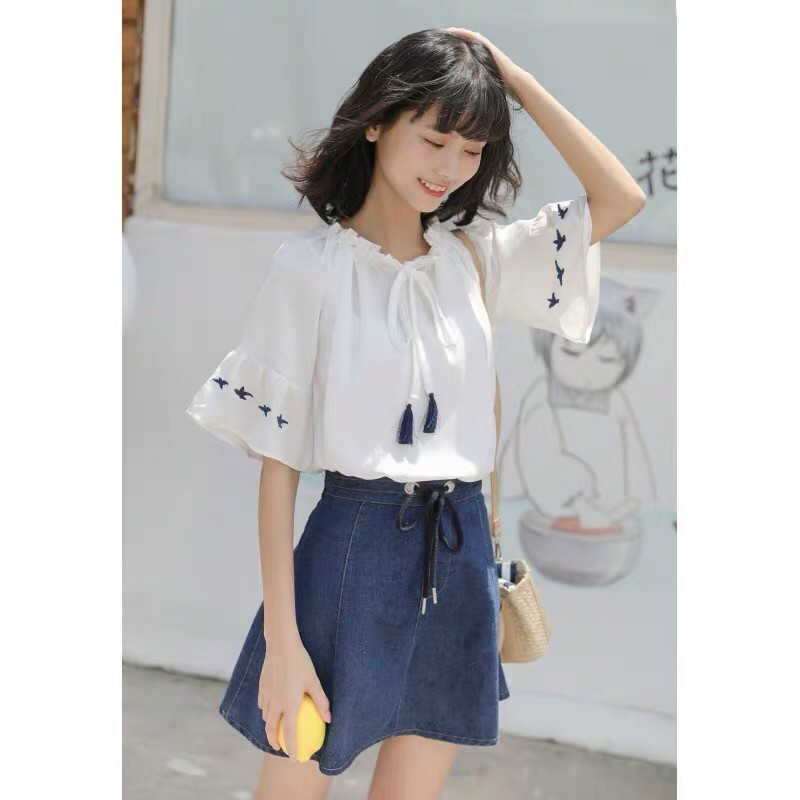 Áo Kiểu Sơ Mi Hàn Quốc Tay Lỡ Cột Nơ Trước Ngực Cute Hột Me TTSA0747