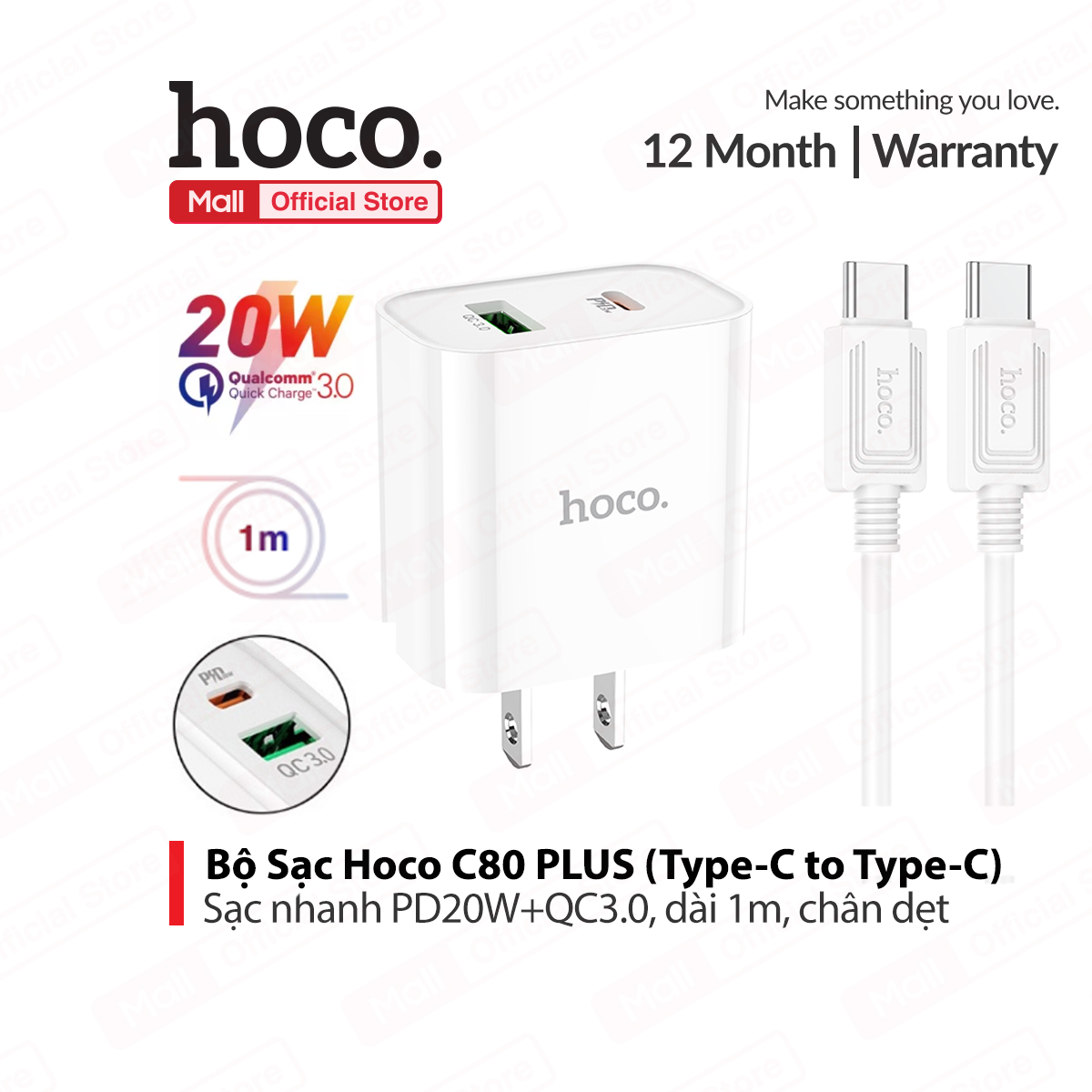 Bộ sạc nhanh hoco c80 plus pd20w+qc3 1 cổng usb và 1 cổng typec chân dẹt, kèm dây cáp type-c to type-c dài 1m