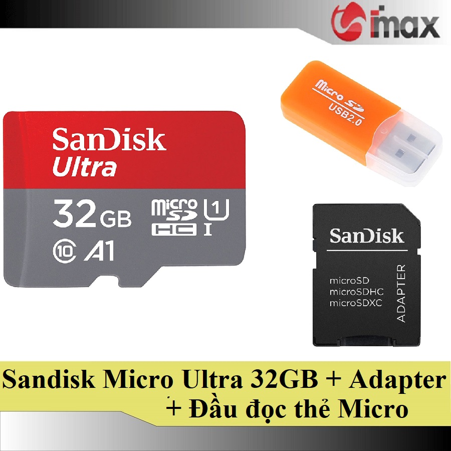 Thẻ nhớ sandisk micro sdhc ultra 32gb + adapter + đầu đọc thẻ micro