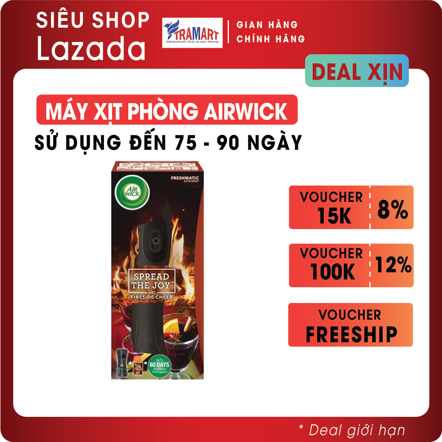 Máy xịt thơm phòng tự động Airwick AWK8428 Fireside Cheer 250ml (Hương cam, quế)