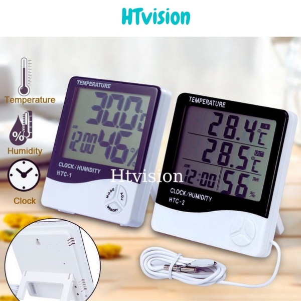 HOT SALE Nhiệt ẩm kế điện tử LCD đo nhiệt độ độ ẩm trong phòng kiêm đồng hồ báo thức HTC-1 và HTC 2