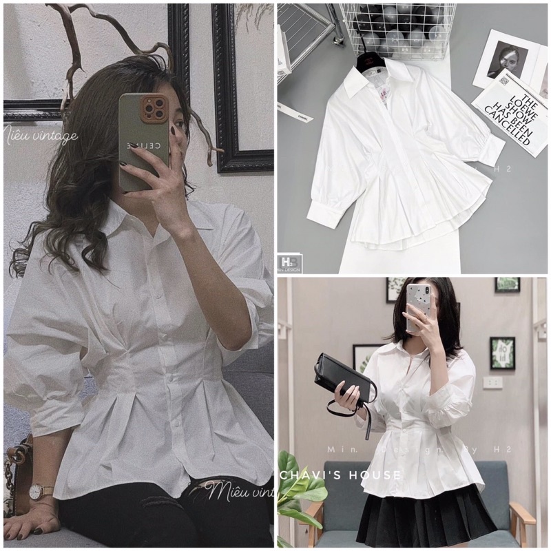 [Hoàn Tiền 25-27/4]áo sơ mi nữ trắng công sở nhúm eo dáng xòe cá tính