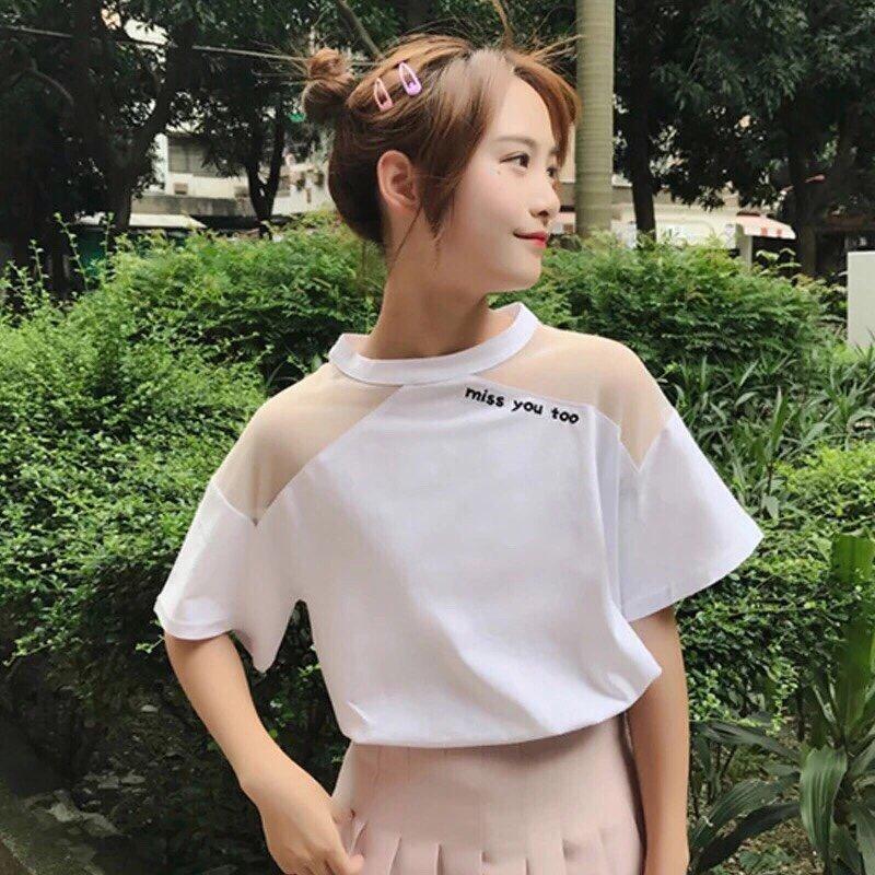 Áo thun phối vai lưới in chữ MISS YOU TOO cá tính TTS0247