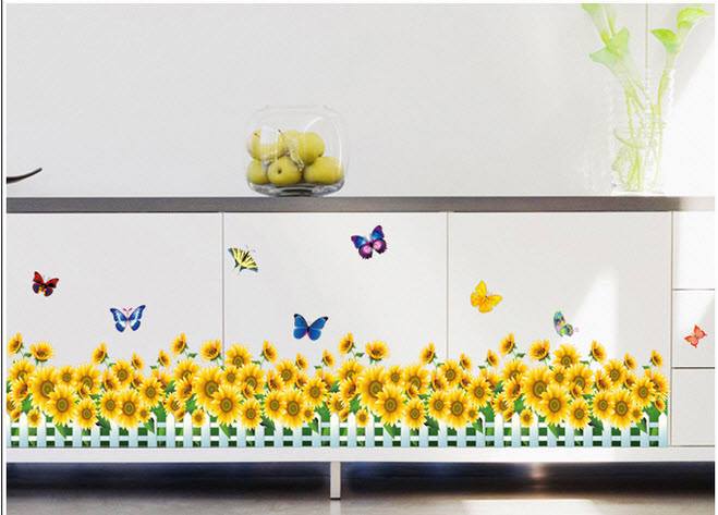 Decal dán tường giỏ hoa và hàng rào hướng dương