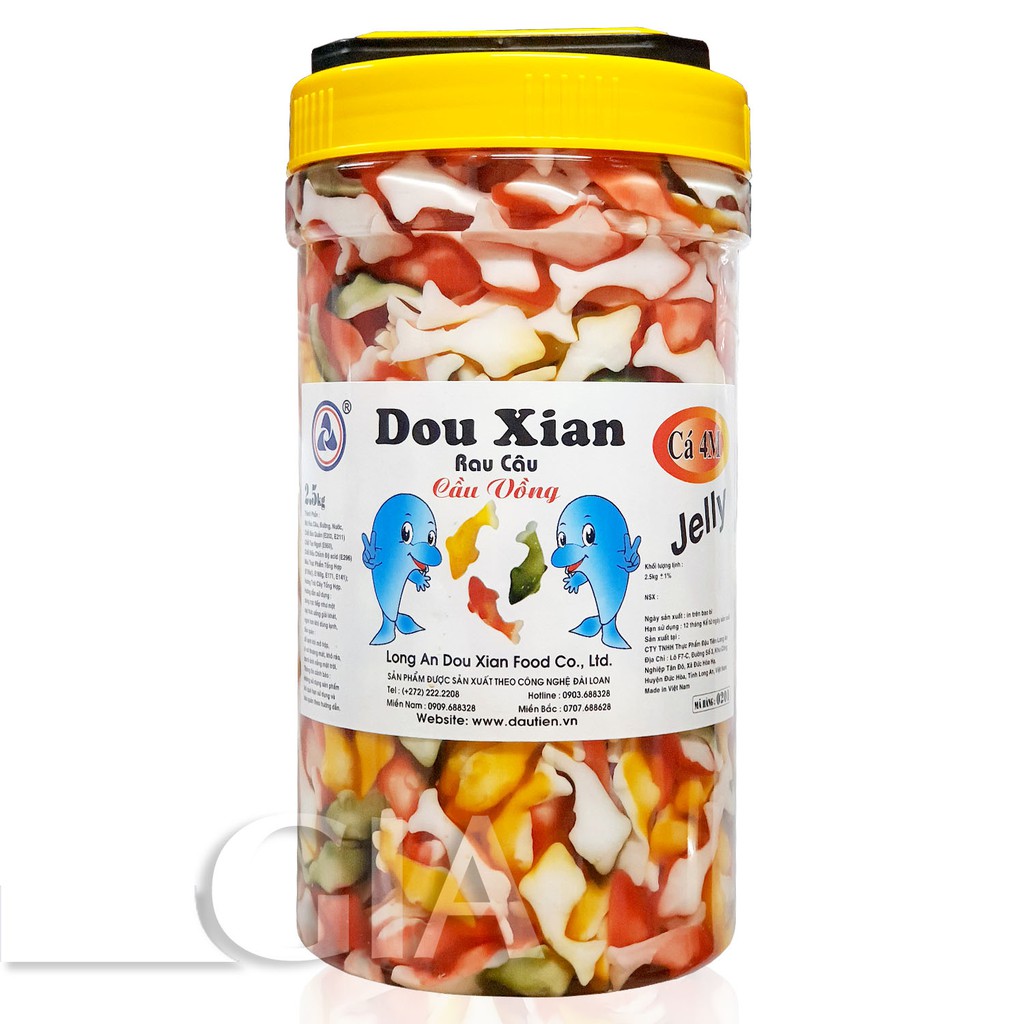Thạch rau câu con cá Hàng Huy Douxian hộp 2.5kg dâu, đào, sâm dứa, trà xanh