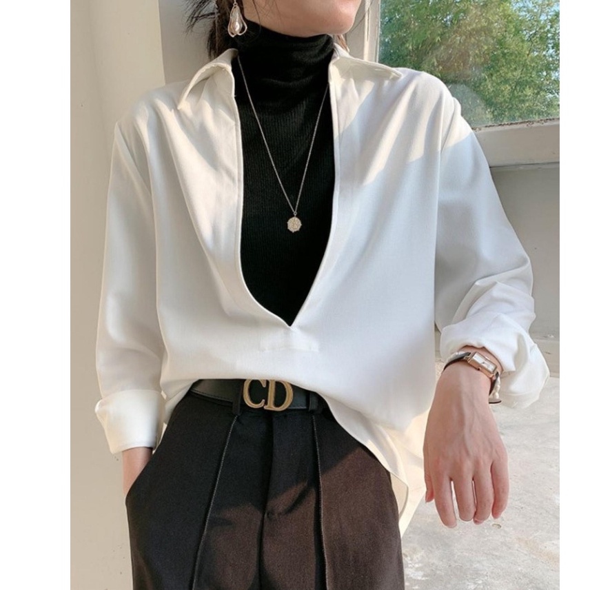 Áo sơ mi cổ V khoét sau dáng vai chờm dài tay trắng - áo sơ mi kiểu 123