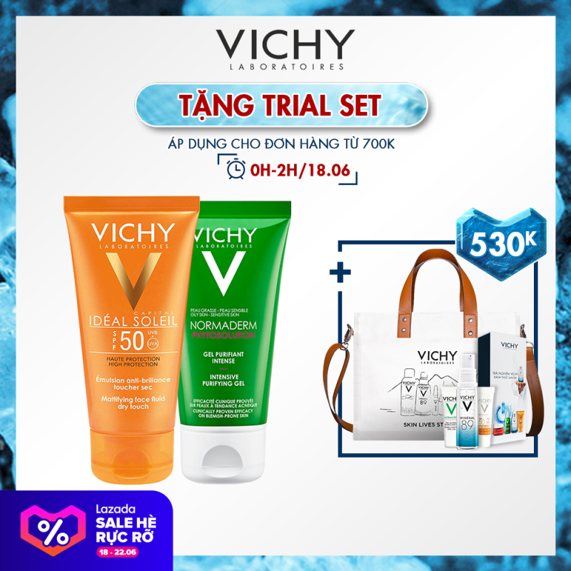 Bộ kem chống nắng ngăn sạm da, giảm thâm nám Vichy Ideal Soleil Anti Darkspot 50ml và Gel rửa mặt Normaderm Phytosolution 50ml giá rẻ