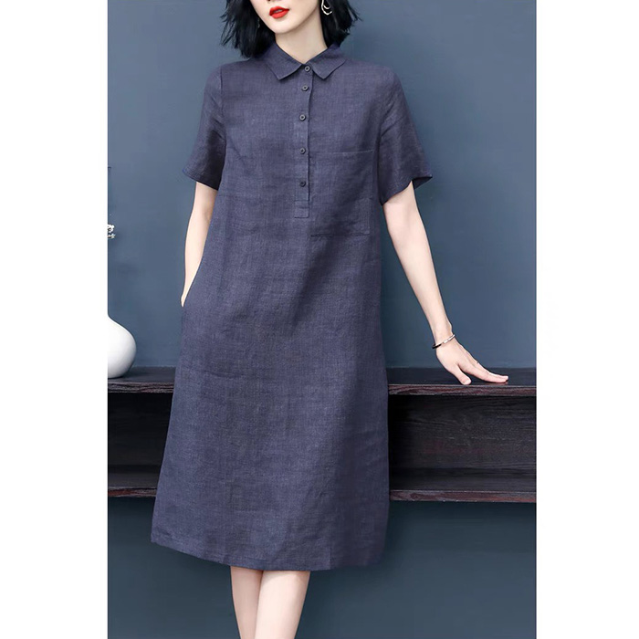 Đầm suông công sở linen cổ sơ mi 2 túi sườn trẻ trung