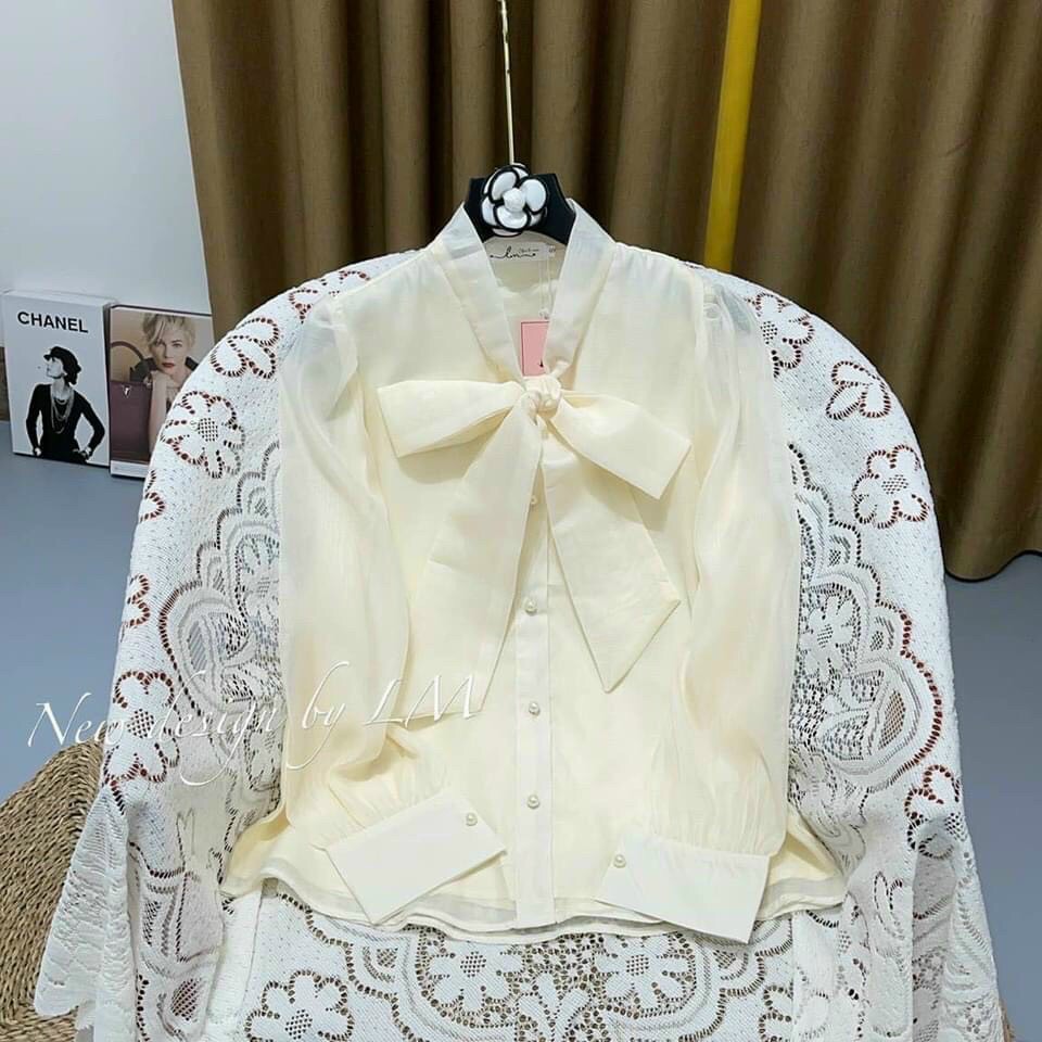 Áo sơ mi nữ cột nơ 2 màu trắng be 2 lớp