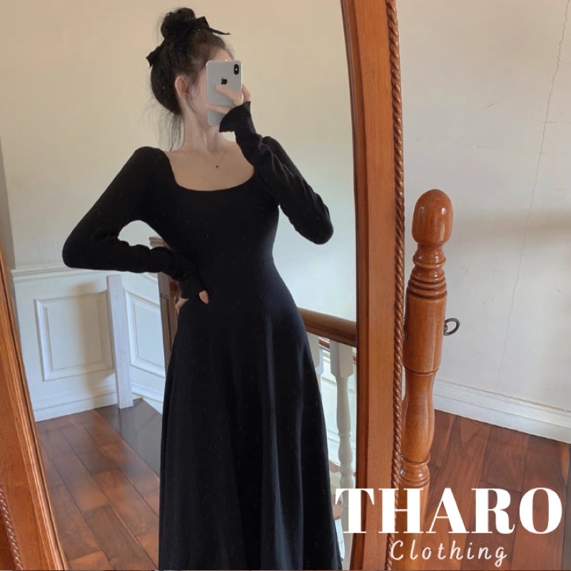 Đầm Xòe Chữ A Cổ Vuông Tay Dài Basic - Tharo Clothing [DAM00024]