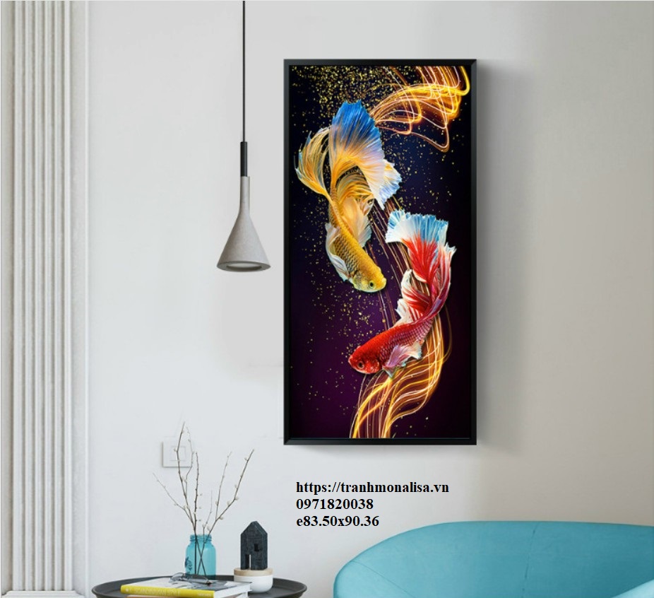 Tranh thêu kín đôi cá hoàng gia đẹp lộng lẫy 50x90 cm