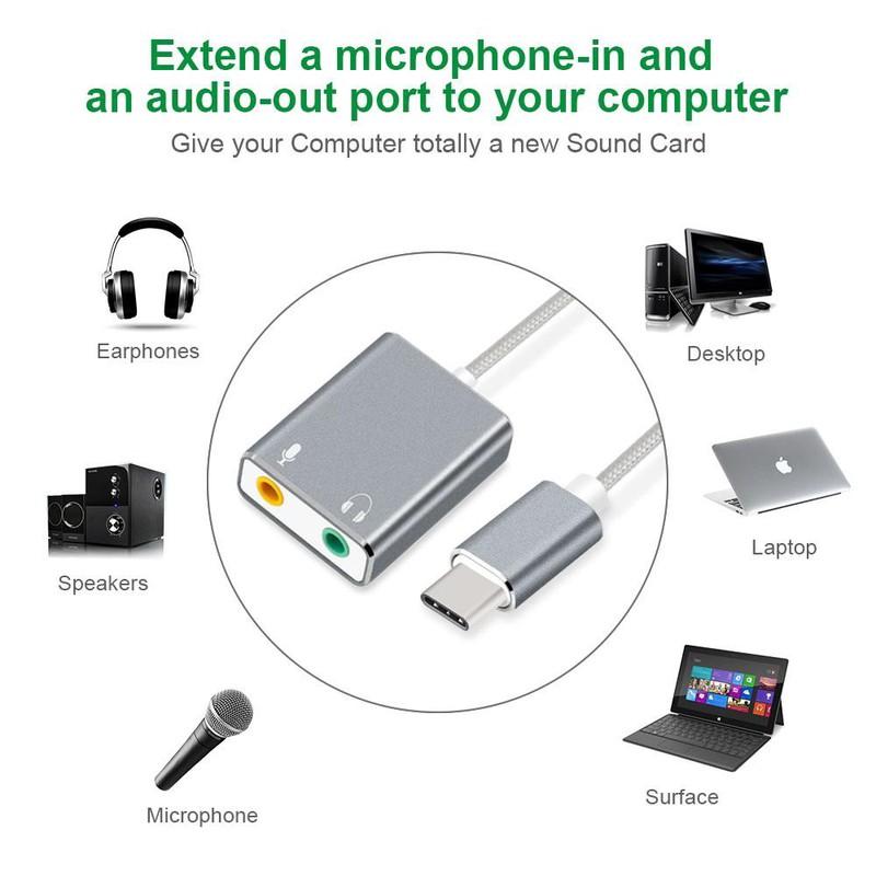 Cáp chia Mic và Loa từ cổng USB Type C - Sound card USB Type C 7.1 cao cấp