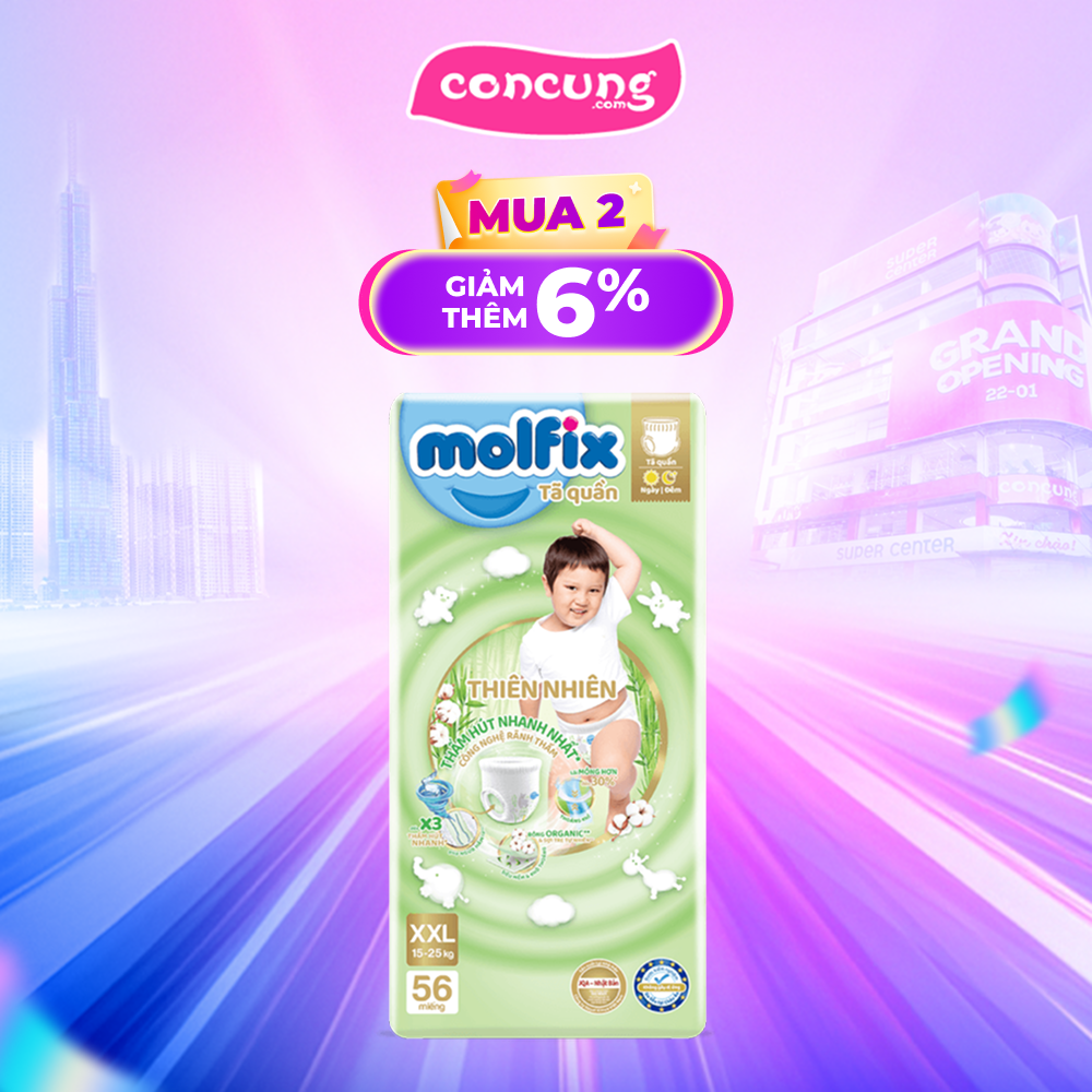 Bỉm tã quần Molfix thiên nhiên (XXL, 15-25kg, 56 miếng)