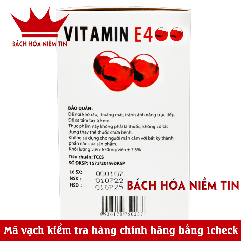 [Hộp 100 viên] Viên Uống Đẹp Da Vitamin E đỏ 4000mcg Aloe vera 500mg Giúp sáng mịn da chống lão hóa - Hàng chính hãng