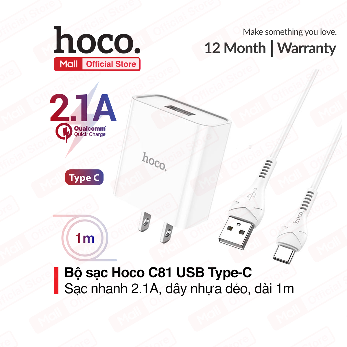 Bộ sạc nhanh Hoco C81 USB Type-C sạc 2.1A thích hợp nhiều dòng Samsung/Huawei/Xiaomi... dây nhựa dẻo dài 1m