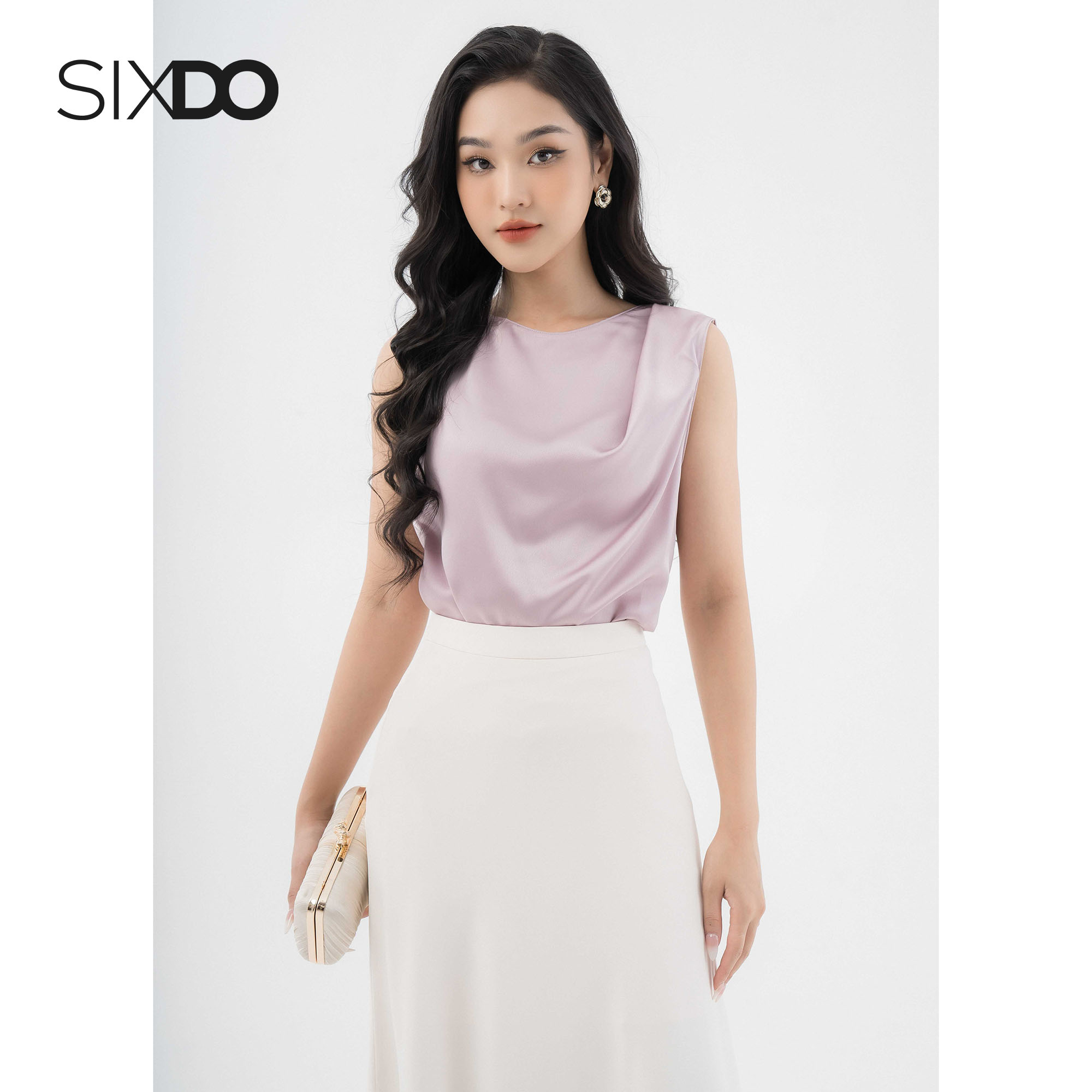 Áo lụa tím kiểu nữ sát nách SIXDO (Purple Sleeveless Silk Top)