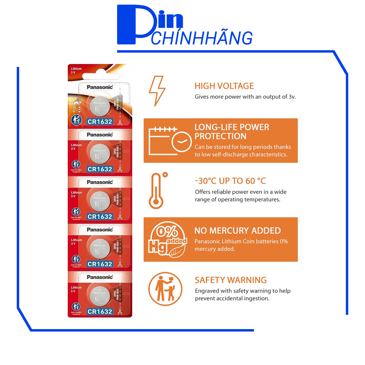 Vỉ 1 Pin Panasonic CR1632 Lithium 3V (Pin đồng hồ, remote, smartkey, v.v...)