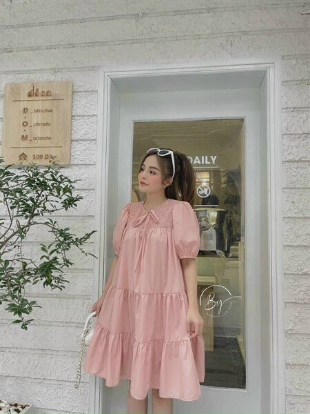 Đầm babydoll hồng phấn xòe tay bồng