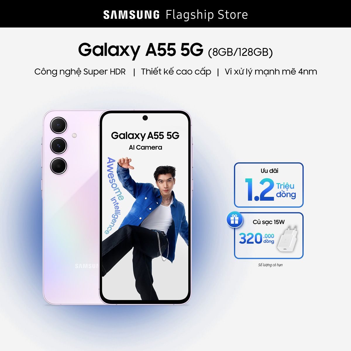Điện thoại Samsung Galaxy A55 5G, Màn hình Super AMOLED 6,6", Camera AI, Vi xử lý mạnh mẽ 4nm