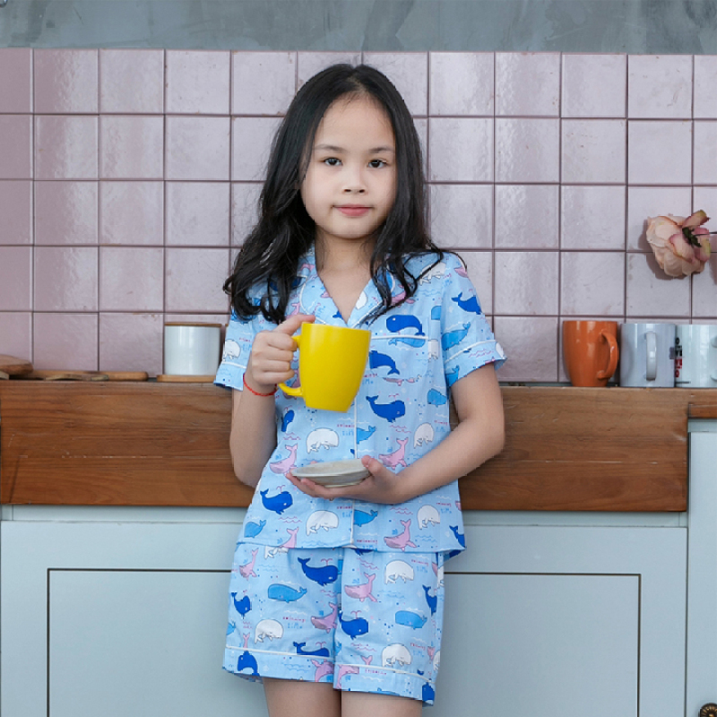 Nơi bán Đồ bộ mặc nhà pijama bé gái màu xanh nước biển họa tiết con cá voi
