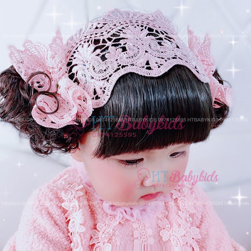 Băng Đô Tóc Giả Ren Hồng - Kèm Tóc Mái Cho Bé