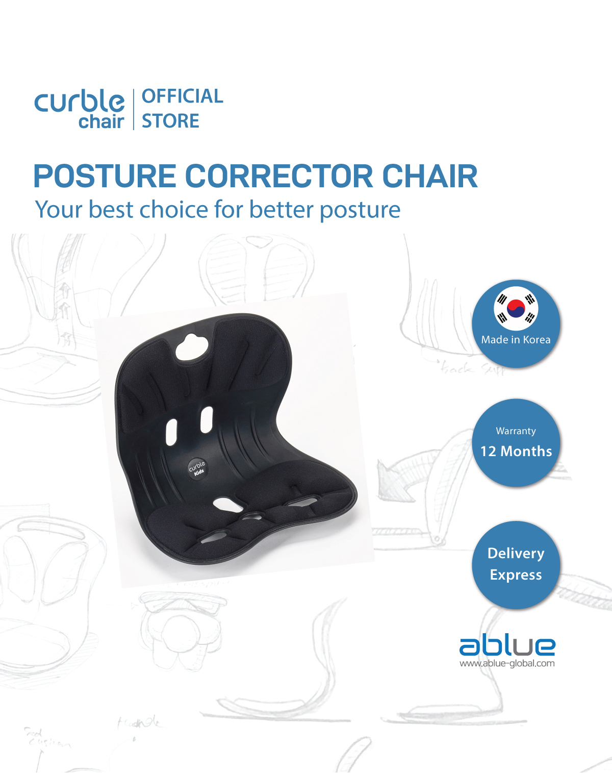 Ghế chống gù Curble Chair for KIDs, phù hợp trẻ em trọng lượng cơ thể dưới khoảng 25kg,  Korea điều chỉnh tư thế ngồi, Hỗ trợ giảm áp lực cho cột sống Hàn Quốc, [CHÍNH HÃNG ABLUE ]