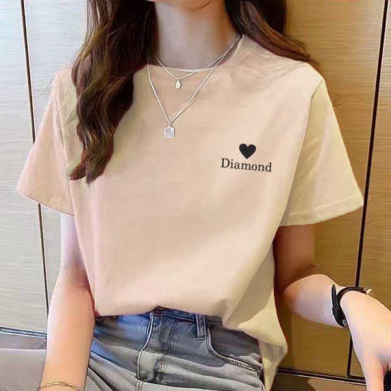 Tshirt women short sleeve round neck letter print Diamond simple high elastic fabric cotton cool freesize bottom 55kg