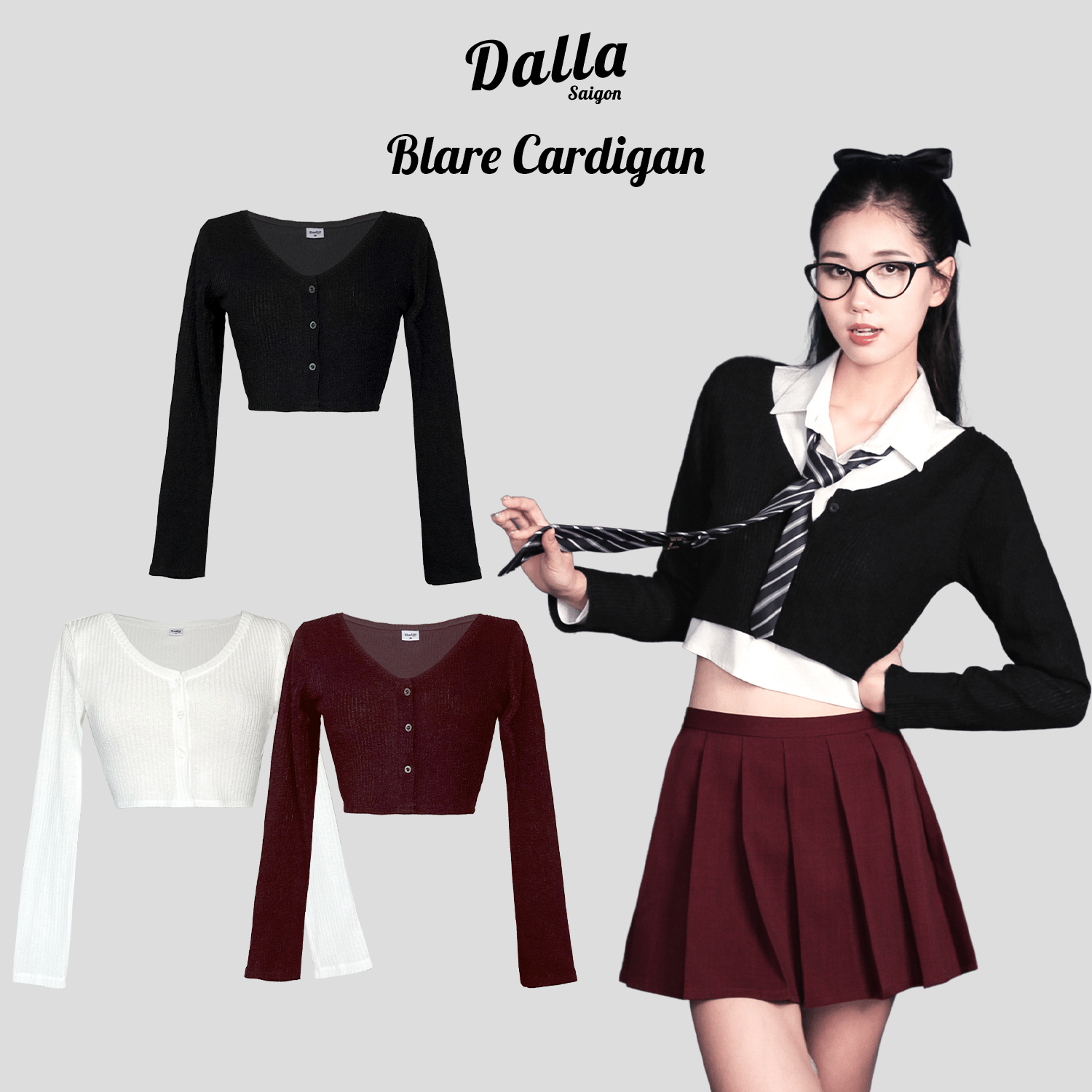 DALLA Áo cardigan croptop cổ V basic (CDG06)