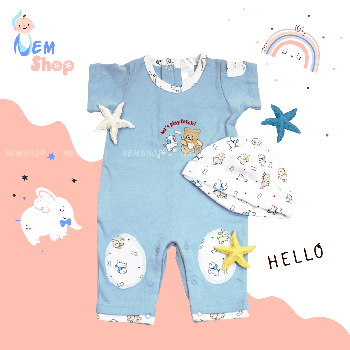 Set body đùi bé trai kèm mũ đồng màu siêu xịn sò, quàn áo bé trai kẻ xanh in hình động vật