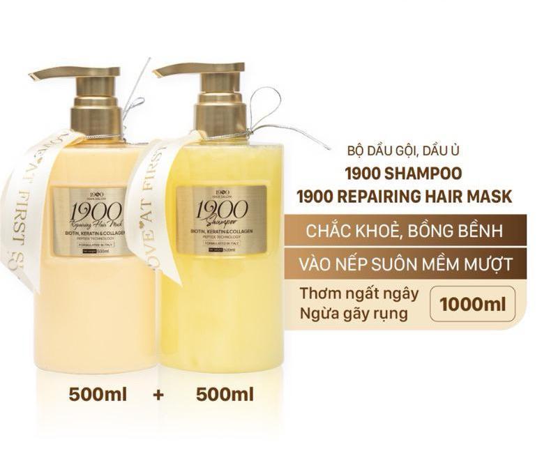 Dầu gội dầu ủ cao cấp 1900 Hair Salon 500ml x2 chứa Biotin, Keratin tinh luyện dưỡng tóc chắc khoẻ vào nếp suôn mượt