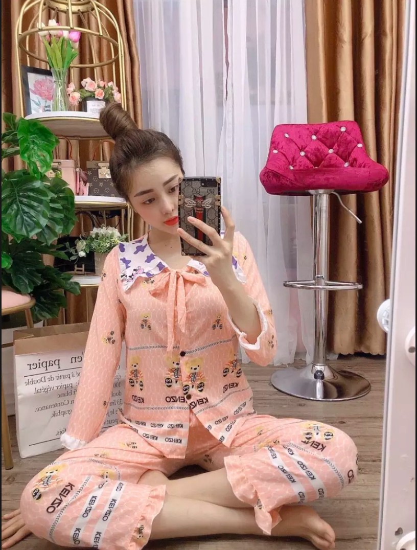 Pijama tay dài cột nơ phối viền màu, đồ bộ pijama tay dài nữ vải lụa hàn mát mịn freesize dưới 60kg