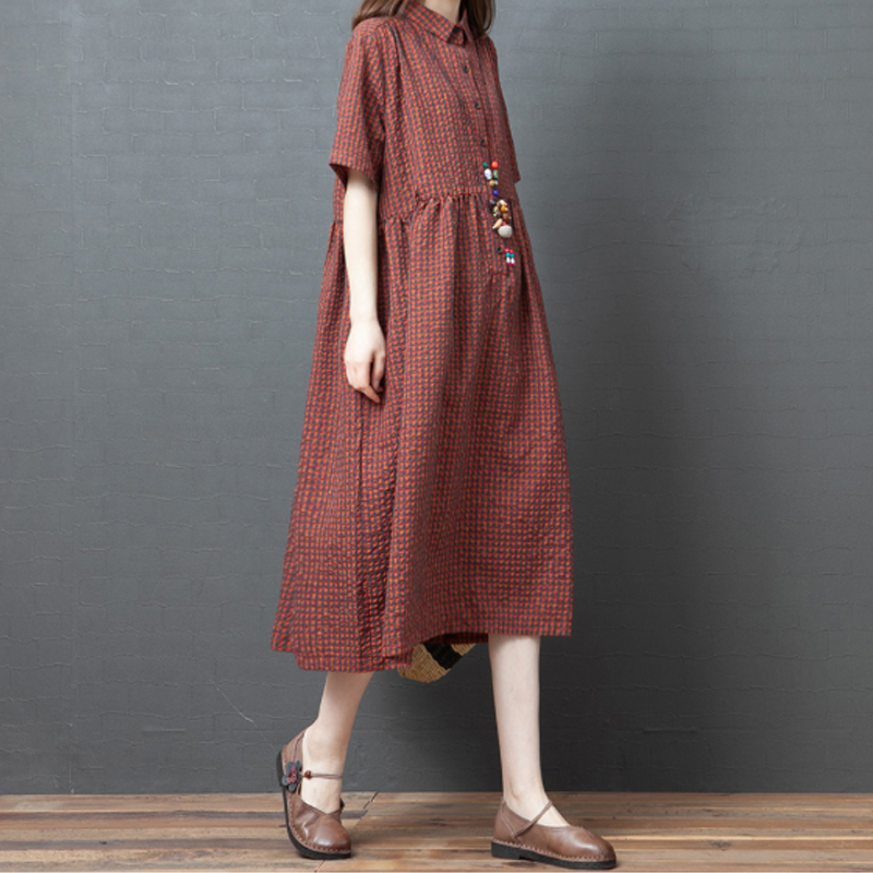 2020 Mẫu Mới Trang Phục Mùa Hè Phiên Bản Hàn Quốc Thông Dụng Dáng Suông Rộng Cotton Váy Sơ Mi Big Size Sọc Caro Ghép Mảnh Dáng Dài Ngắn Tay Áo Đầm
