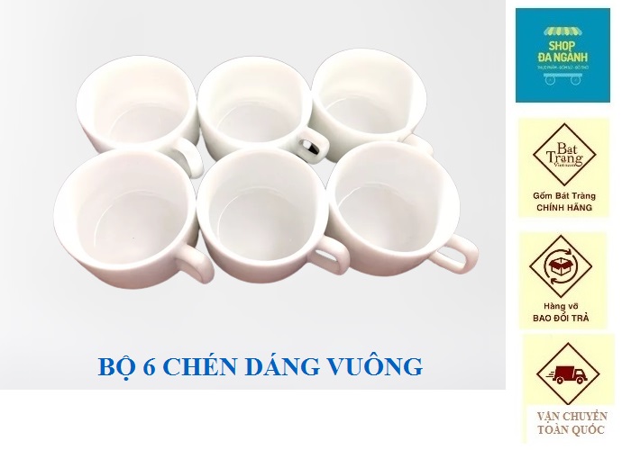 [Có giao hỏa tốc] Bộ 6 chén (ly) dáng vuông có tai 50ml sứ Bát Tràng [giá nhà lò]