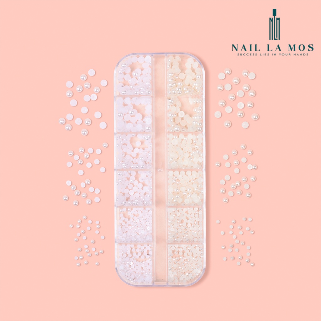 Khay ngọc trai nhân tạo mix size đính móng - Ngọc trai nhựa loại tròn nửa viên hai màu trắng ngà đính nail sang chảnh